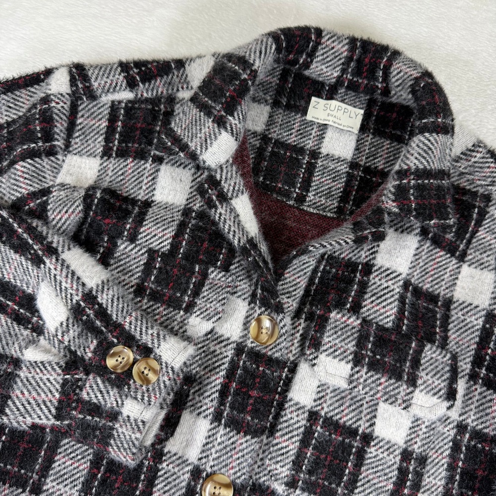 Z Supply Women Black White‎ Plaid Fuzzy Knit Shacket Button Up Shirt ZJ214623S S